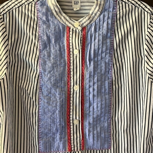 Gap long sleeved navy and white stripped blouse with blue and red lace front. S - Picture 3 of 12